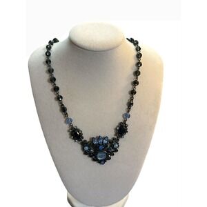 2028 Jewelry Blue Grey Crystal Floral Bib Necklace Gunmetal Tone Statement